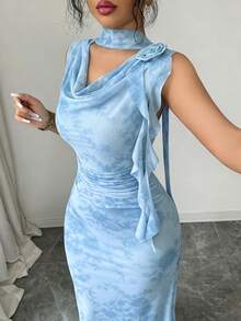 Modelyn Green Sleeveless Flowy Collar Floral 3D Mesh Print Fitted Dress For Women - Blue - View 8