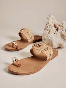 SHUZIA Women's Metal Decor Casual Fashionable Flat Sandals - Beige - View 7