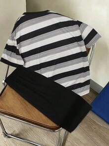 SHEIN 青少年男童条纹字母印花圆领短袖休闲T恤短裤套装，夏季舒适穿搭 - 黑與白 - 查看 2