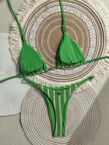 Swim Mod 女款春夏新款特殊面料金屬飾品V領掛脖露背三角上衣比基尼泳褲兩件式泳衣 - 綠色 - 查看 2