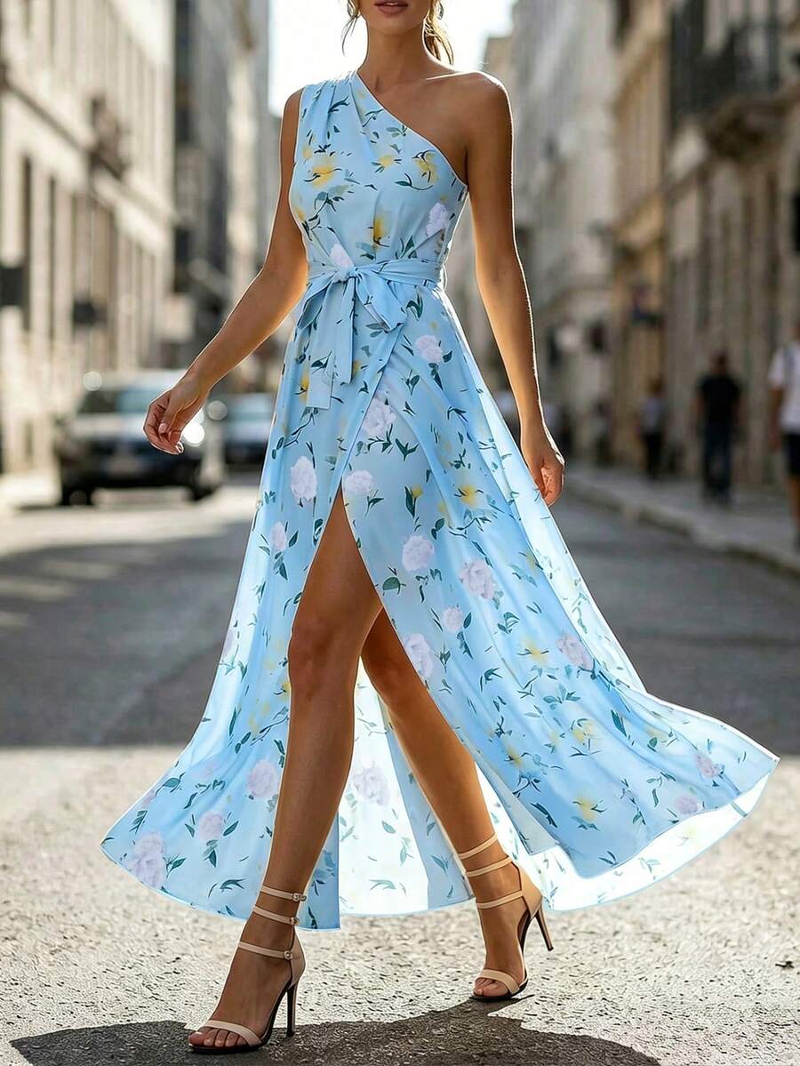 Balvessa Women's Fashion Asymmetric Neck Ruched A-Line Elegant Printed Pleated Split Dress, Suitable For Spring And Summer - Multicolor - View 1