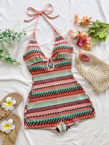 Soleia Multicolor Knitted Striped Halter Backless Mini Jumpsuit,Mint Green,Summer,Boho,Beach Vacation,Holiday,Holiday,New Year,Carnival,Party,Afternoon Tea - Multicolor - View 1