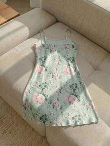 Resyla Summer Floral Printed Cami Sleep Dress Pajama Dress - Green - View 2