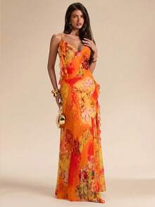 SHEIN BAE Frühlings- und Sommer-Einfarbiges orangefarbenes Vintage Boho Tier-Muster Batik Quallen Rüschen 3D Blumen glänzendes Chiffon Kleid - Orange - Übersicht 1