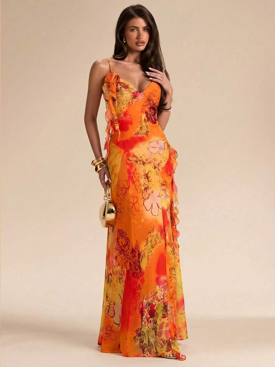 SHEIN BAE Frühlings- und Sommer-Einfarbiges orangefarbenes Vintage Boho Tier-Muster Batik Quallen Rüschen 3D Blumen glänzendes Chiffon Kleid - Orange - Übersicht 1