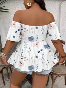 SHEIN VCAY Plus Size Women's Off Shoulder Ruffle Floral Print Casual Boho Versatile Daily T-Shirt Holiday Vacation White Summer - Multicolor - View 2