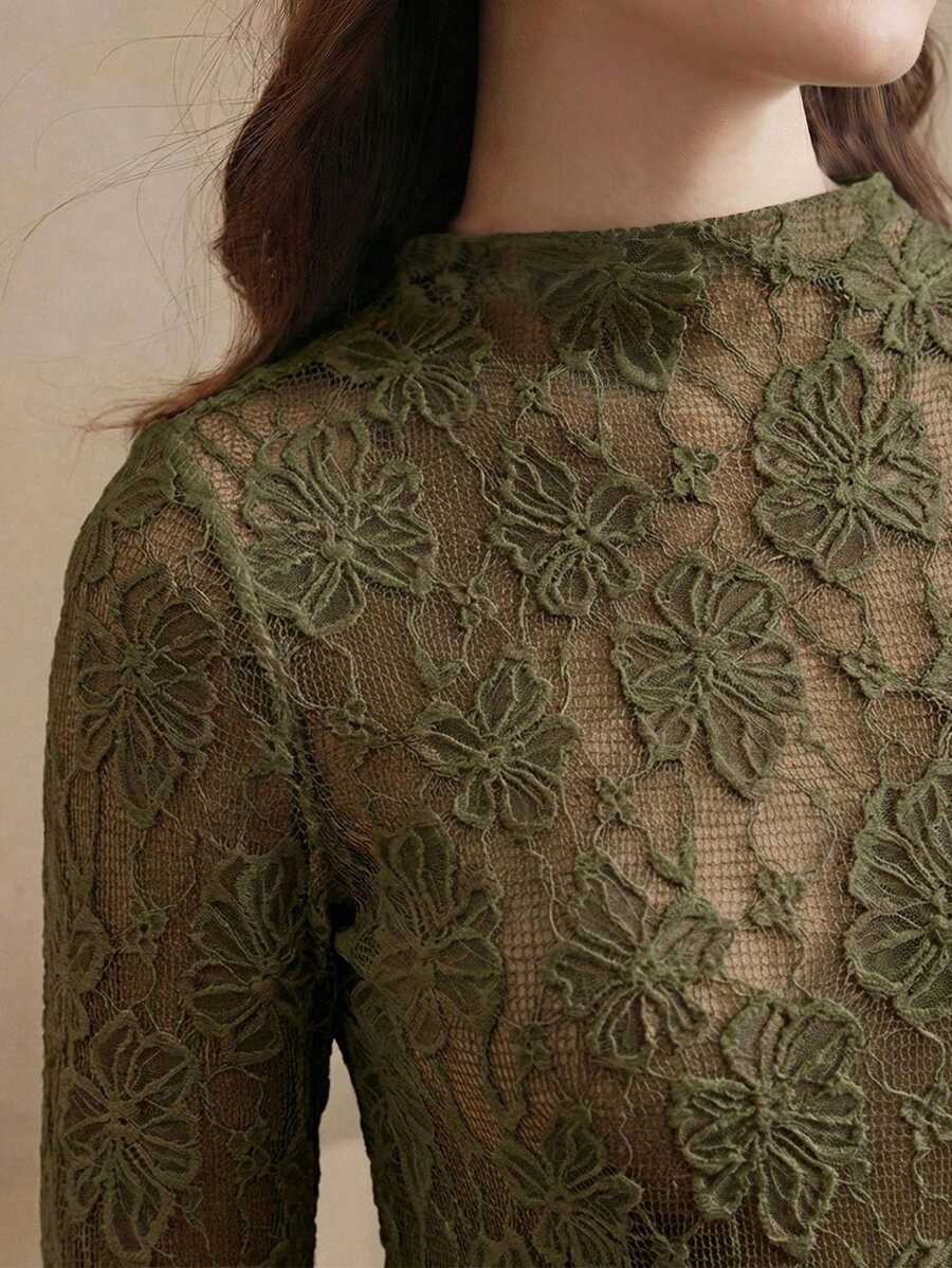 Anewsta 女士春夏优雅蕾丝镂空长袖衬衫,橄榄绿,修身显瘦剪裁。适合通勤、约会和晚宴等场合。 - 軍綠色 - 查看 1