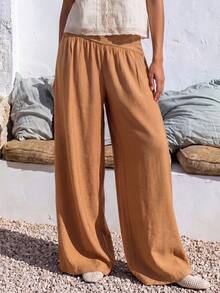 Nöista Wide-Leg Pants In A Dark Brown An Asymmetrical Waistband For Flattering Fit. Perfect Casual Outings, Autumn Festivals, Relaxed Boho Look, Vacation - Brown - View 2