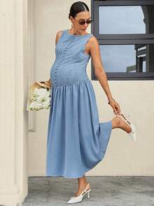 MaterniWear Maternity Sleeveless Casual Elegant Maternity Dress With Geometric Texture Photoshoot Baby Blue Summer - Blue - View 6
