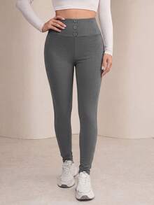Modelyn Women's Casual Comfortable Button-Up Leggings - Dark Grey - View 4