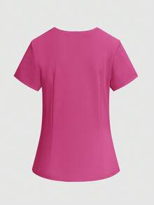 TaskEZ Solid Color Minimalist V-Neck Double Pocket T-Shirt And Casual Pants Uniform Set - Hot Pink - View 3
