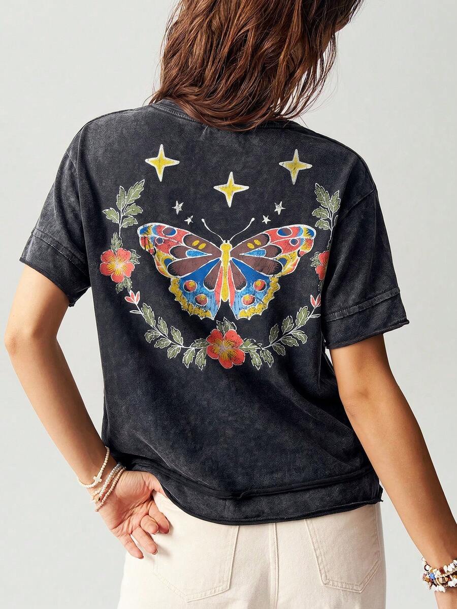 Bohemela Casual Solid Color Knit Round Neck Short Sleeve Loose Butterfly Cutout Back Women T-Shirt - Black - View 1