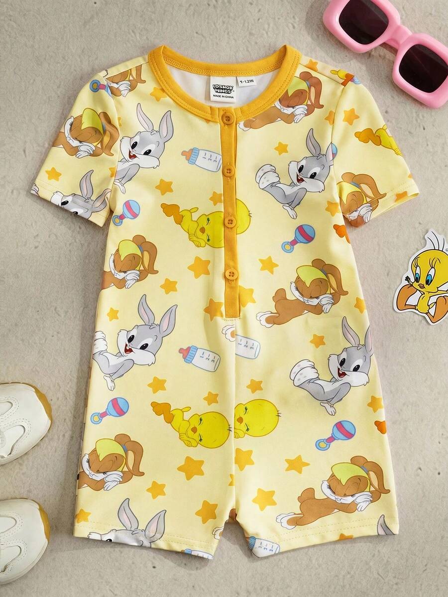 LOONEY TUNES X SHEIN Baby Girl Cartoon Print Casual Everyday Romper - Yellow - View 1