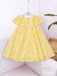 Babygirl Summer Cute Solid Color Embroidered Hollow Out Ruffle Hem Sleeveless Dress - Mustard Yellow - View 2