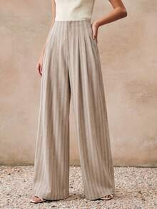 Anewsta Quần ống rộng kẻ sọc kaki mùa hè, quần ống chữ A xếp ly cạp cao dành cho nữ - Màu Khaki - Xem 7