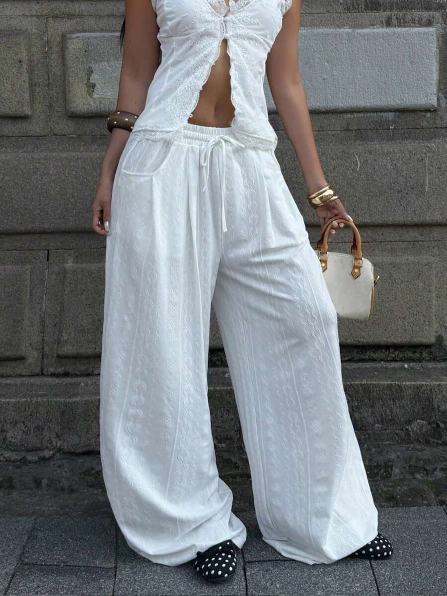 Coolane Trang phục mùa hè tối giản phong cách Boho cho nữ, quần ống rộng cạp thấp thoải mái bằng vải lanh, thích hợp cho kỳ nghỉ. - trắng - Xem 1