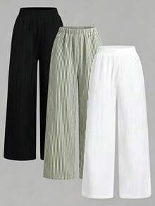 Set Of 3 High-Waisted Loose Straight-Leg Trousers With Drawstring And Pockets, Solid Color And Versatile, Suitable For Spring/Summer - Olive Green - View 2