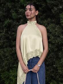 Andrea Bello Elegant Lace Patchwork Backless Halter Satin Camisole Top, Suitable For Party, Cocktail, Formal Occasions, Christmas, Business Casual Summer - Apricot - View 4