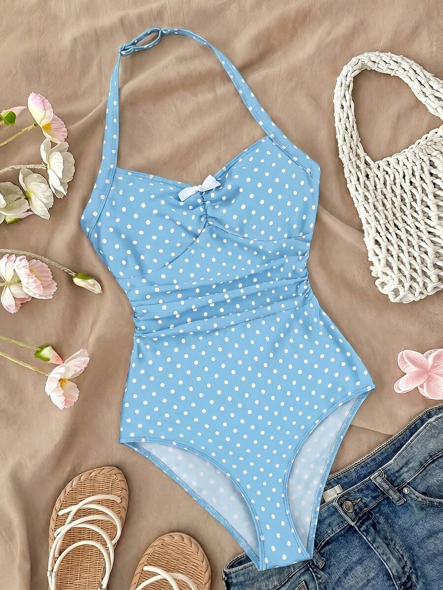 SHEIN 少女波点露背褶皱连体泳衣,适合海滩度假、泳池派对、沙滩派对 - 藍色 - 查看 1