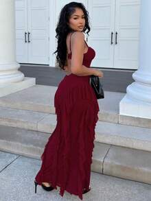 Alexandranx Spring Summer Vacation Red Solid Color Sexy Elegant Spaghetti Strap Ruffled Fishtail Backless Metal Button 3D Flower Ribbon Sexy Dress Party - Burgundy - View 4