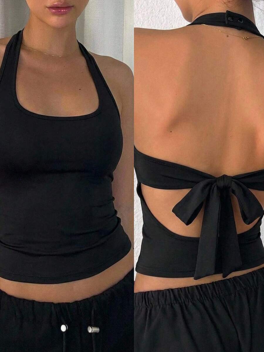 DAZY Women's Backless Halter Neck Fitted Tank Top Halter Top - Black - View 1