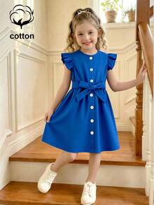 SHEIN Elladie kids Đầm tay ngắn màu xanh hải quân, kiểu dáng thanh lịch và duyên dáng dành cho phụ nữ và bé gái, trang phục mùa hè thời trang. - Màu xanh lam - Xem 1
