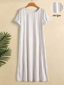 Rusticease Women's Round Neck Striped Casual Daily Summer Dress - White - View 4
