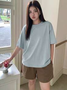 Dazy Plus 2pcs Casual Lounge Wear Set, Loose Short Sleeve Top And Elastic Waist Shorts, Spring/Summer Plus Size Women Pajamas - Baby Blue - View 5