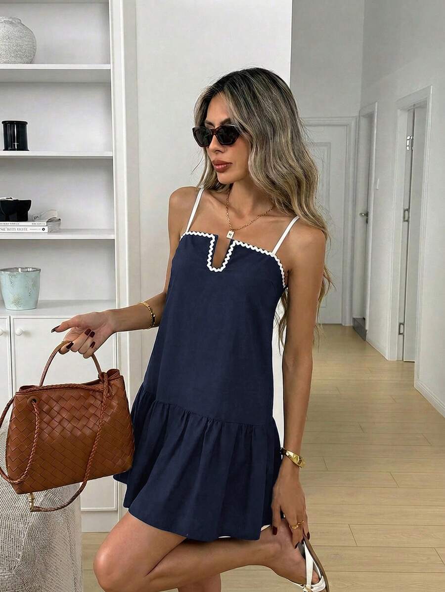 Easowa Square Collar Ruffle Hem A-Line Dress, Casual Loose Elegant Commuter Vintage Style Mini Dress For Women, Spring/Summer City Break Vacation Navy Blue - Navy Blue - View 1