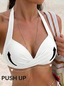 Voyashape Top de traje de baño de un solo color con escote de halter para playa de verano - Blanco - Ver 9