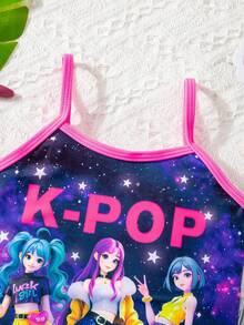 SHEIN Young Girl Summer Beach Vacation K-Pop Star Sky Print Contrast Trim One-Piece Swimsuit - Purple - View 3