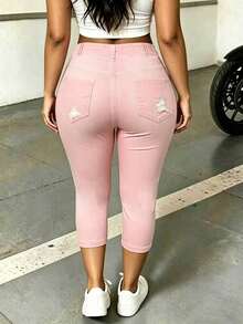 Rovax Leggings casuales de talla grande de unicolor con bolsillos sesgados y rotos - Negro - Ver 2