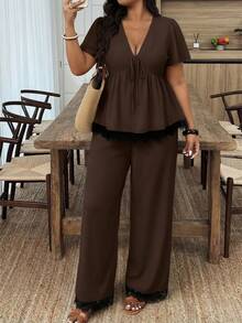 Weeklong Plus Size Women's Spring/Summer Casual Vacation Outfit, Contrast Color Ruffle Patchwork Top And Pants Set - Brown - View 1