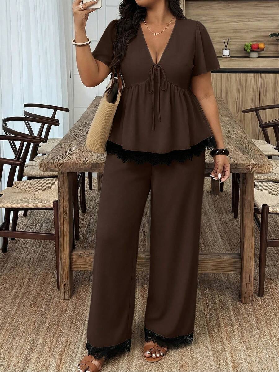 Weeklong Plus Size Women's Spring/Summer Casual Vacation Outfit, Contrast Color Ruffle Patchwork Top And Pants Set - Brown - View 1