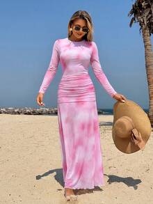 Swim Shayni Bộ đồ bơi 3 món Shanee - Áo tank top dài tay có mũ in họa tiết tie-dye mùa hè dành cho nữ, quần dài và chân váy mỏng nhẹ, thích hợp mặc đi biển. - Hồng - Xem 4