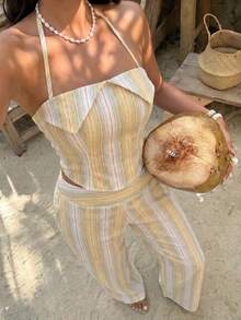Sunnyshic Conjunto de dos piezas con top corto sin tirantes con espalda descubierta y rayas amarillas, y pantalones rectos de cintura alta con bolsillos. Conjunto elegante, vintage y minimalista para primavera/verano, vacaciones, playa y uso diario. - Amarillo - Ver 4