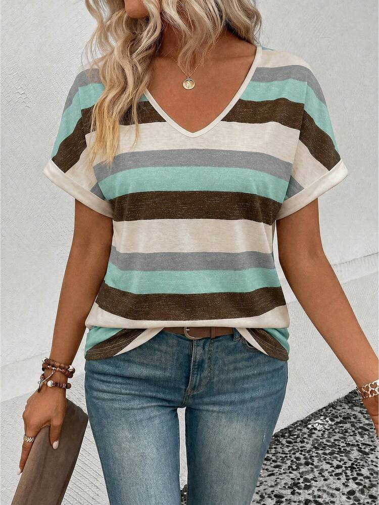 EMERY ROSE Áo thun nữ mùa hè phong cách casual đi chơi & đi làm, phối màu colorblock, họa tiết kẻ sọc, cổ chữ V, tay cánh dơi, dáng rộng - Nhiều màu - Xem 4