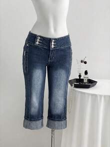 Elamini Quần jean denim nữ kiểu dáng thường ngày, đa năng, phù hợp mặc hàng ngày. - Rửa tối - Xem 5