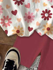 Teen Girls' Casual Cute Polka Dot Colorful Flower & Heart Print 2-Piece Set, Merlot Color, Short Sleeve T-Shirt And Shorts, Suitable For Summer - Multicolor - View 6