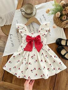 LMoss Kids Baby Girl Woven Square Neck Ruffle Hem Cherry Pattern Casual Dress - Multicolor - View 3