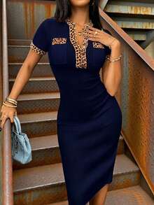 EMERY ROSE Women's Leopard Print Patchwork Color Fashionable Date Party Knit Dress - Navy Blue - View 3