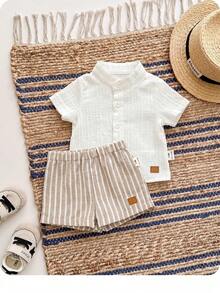 Set Baju Lengan Pendek dan Celana Pendek Pinggang Elastis Gaya Sekolah Kasual Lucu untuk Bayi Laki-laki Baru Lahir - Blue and White - View 4