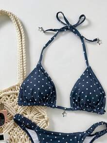 Swim Mod 2件組女款海灘套裝，時尚可愛性感度假海灘裝，隨機印花圓點多色星星掛脖露背綁帶短版上衣與抓皺腰比基尼泳褲泳裝 - 彩色 - 查看 5