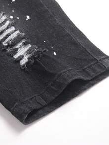Tween Boy Fashion Casual Grunge Black Dotted Hole Elastic Tight Denim Shorts For Rave Back-To-School Summer - Black - View 6
