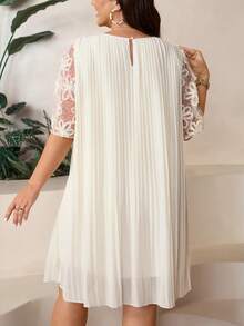 Comfylo Plus Size Summer Elegant Sequin 3D Floral Mesh Patchwork Dress Tea Party White - White - View 4