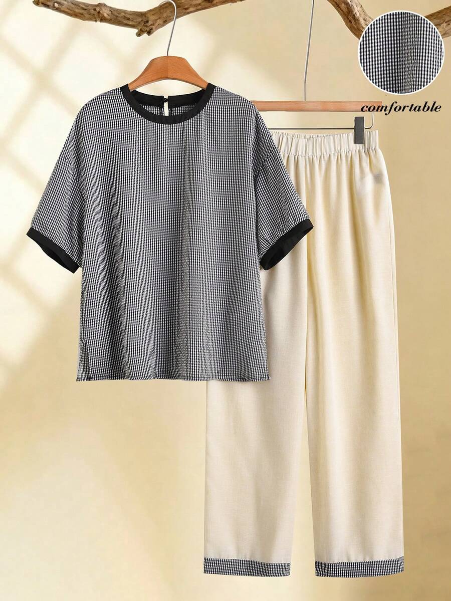 Rusticease Summer Elegant Granny Women's Autumn Black And White Plaid Short Sleeve Top And Pants Set,Comfortable Middle-Aged Casual Vacation Birthday Outfits - Black and White - View 1