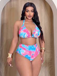 Swim SXY Set Bikini Halter Ombre Biru Muda Ukuran Plus untuk Wanita dengan Gaun Penutup Longgar, Cocok untuk Liburan Musim Panas. - MultiWarna - View 5