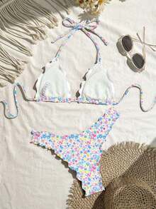 Swim Mod Bộ bikini nữ màu trơn, chất liệu co giãn cao, có viền xếp ly, thích hợp cho kỳ nghỉ. - Màu xanh lam - Xem 2