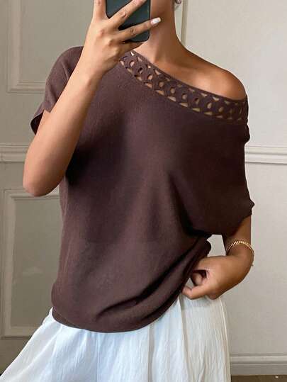 Livesso Women's Solid Color Asymmetric Shoulder Fashionable Loose Short Sleeve Knit Top, Summer