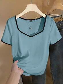 GlowEve CURVE Plus Size Casual Elastic Short Sleeve Contrast Color T-Shirt, Suitable For Spring/Summer Commute And Daily Wear - Dusty Blue - View 7